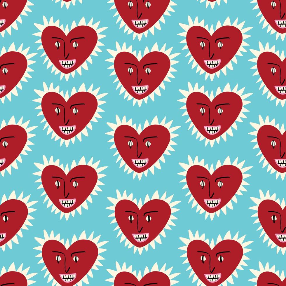 Valentines Day pattern with ugly funky hearts. Groovy cute love characters vector