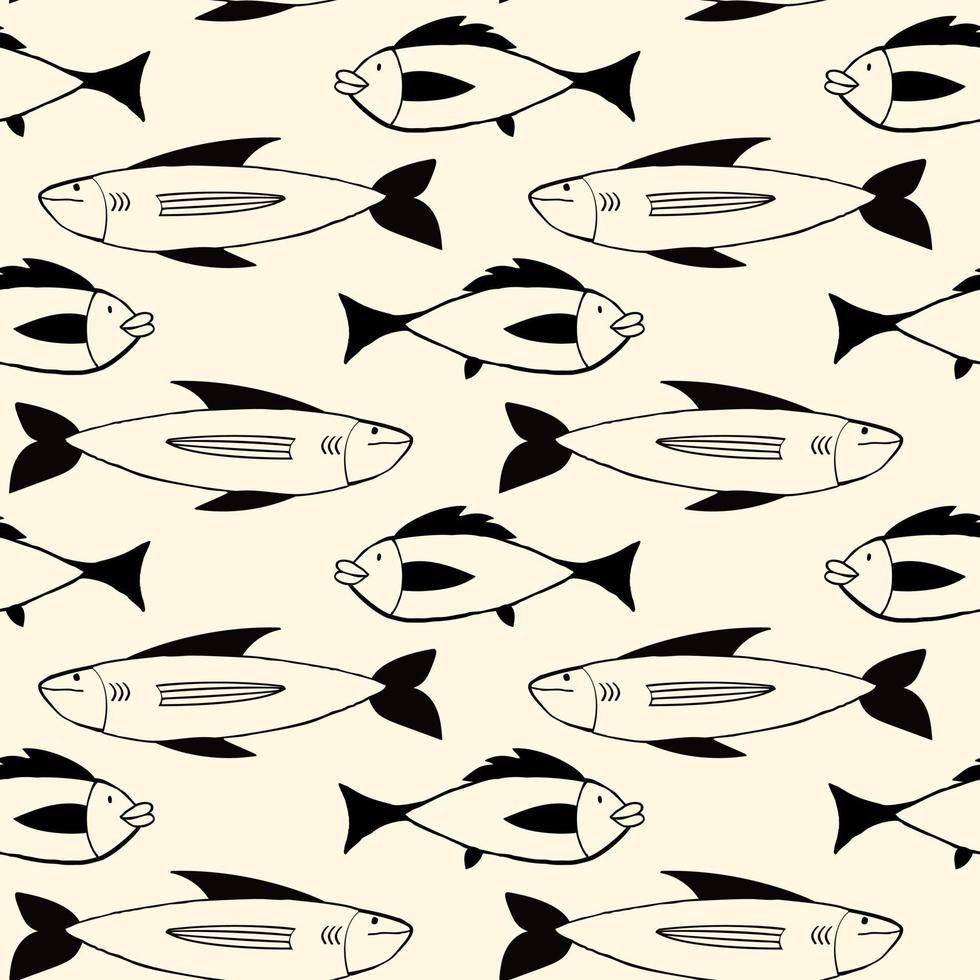 Pattern of Freaky quirky fishes in modern doodle style. Vector illustration