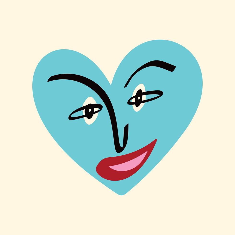 Funky heart with a smile face. Freaky comic heart. Valentines Day Card in modern doodle style vector