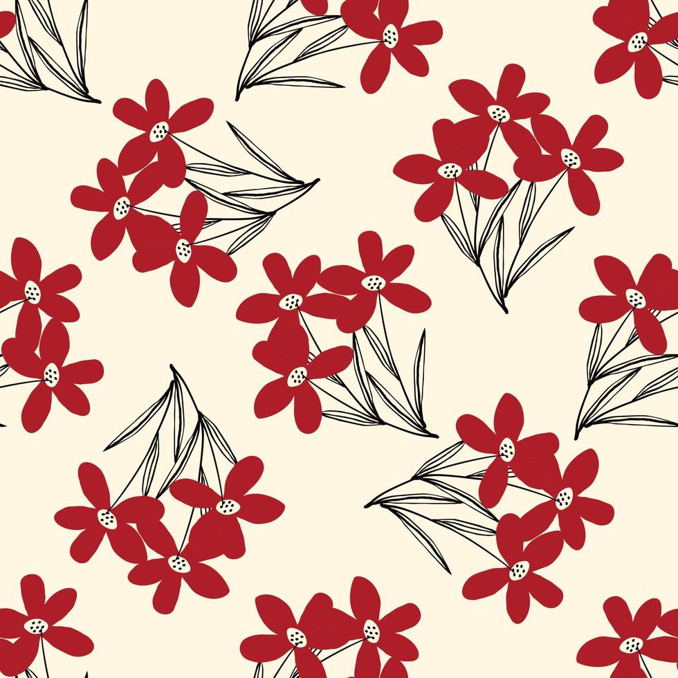 Cute bizarre red flowers seamless pattern in doodle style vector