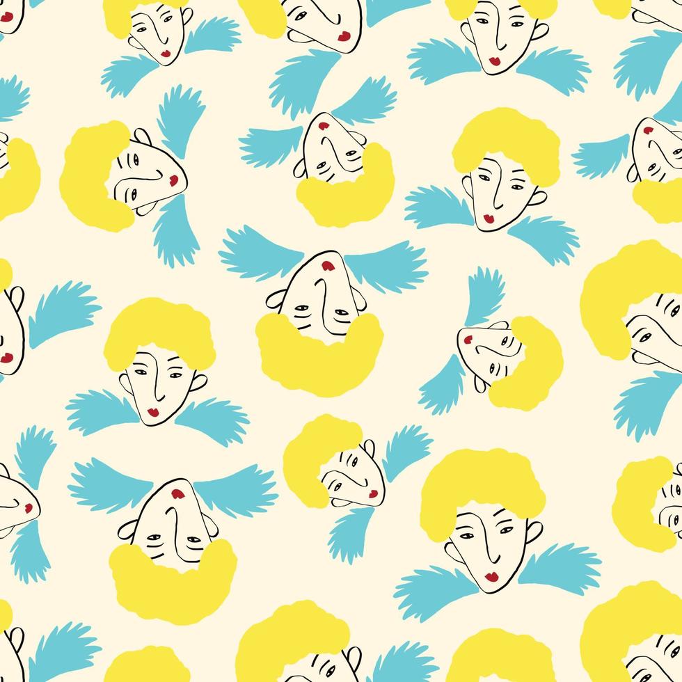 fancy angels and heart Valentines Day pattern. Illustration in a doodle style vector