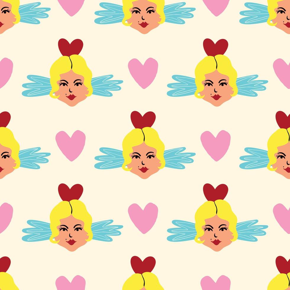 fancy angels and heart Valentines Day pattern. Illustration in a doodle style vector