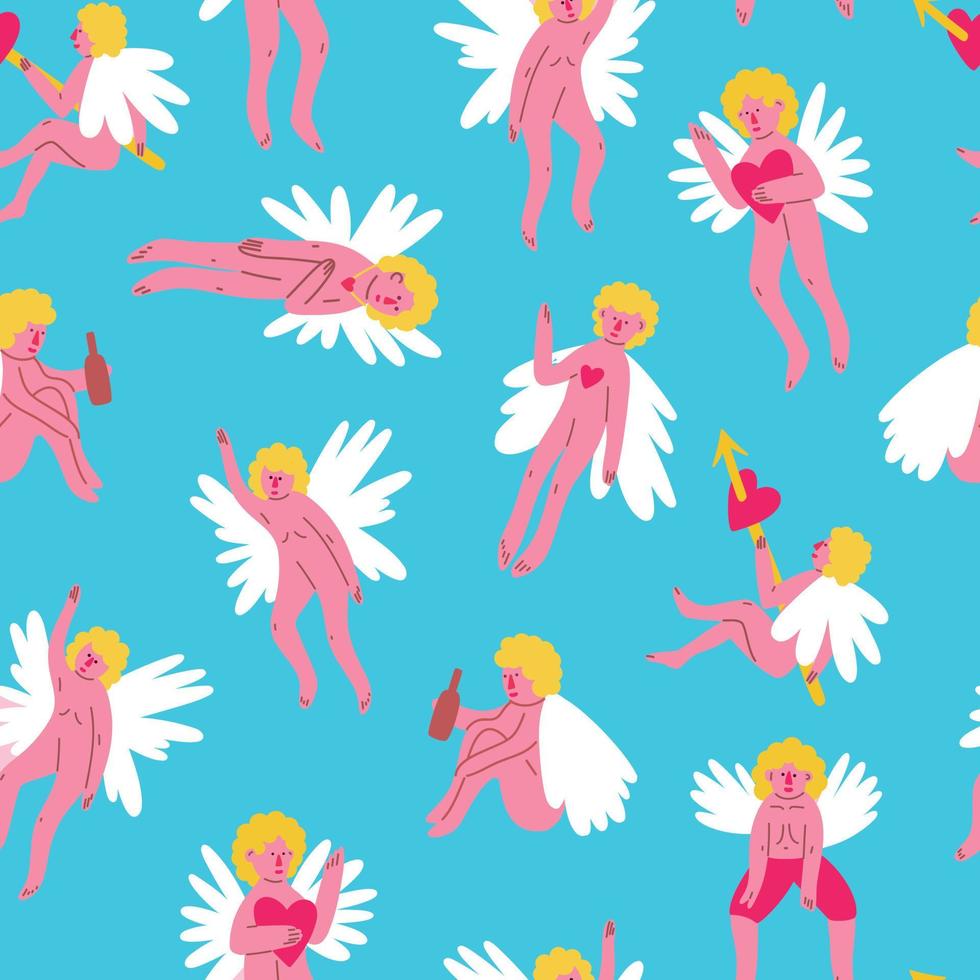 Valentine funny angels seamless pattern. Vector illustration in doodle style