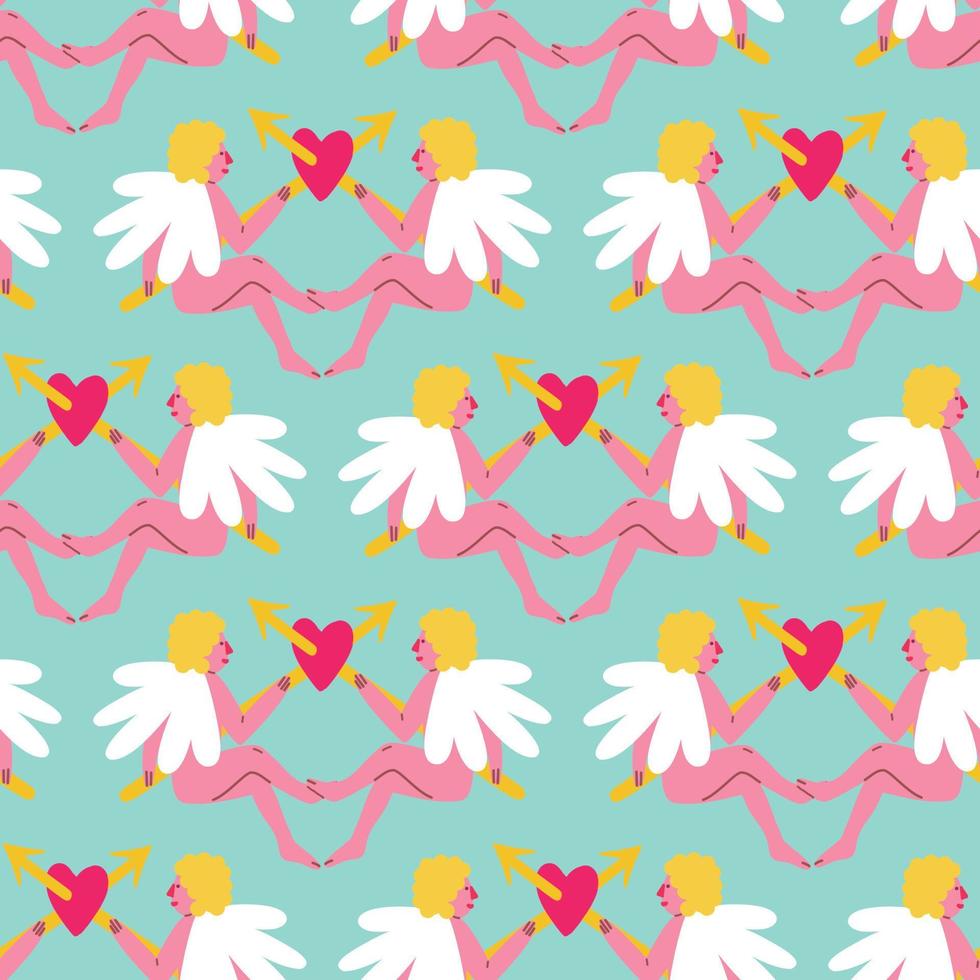 Valentine funny angels seamless pattern. Vector illustration in doodle style