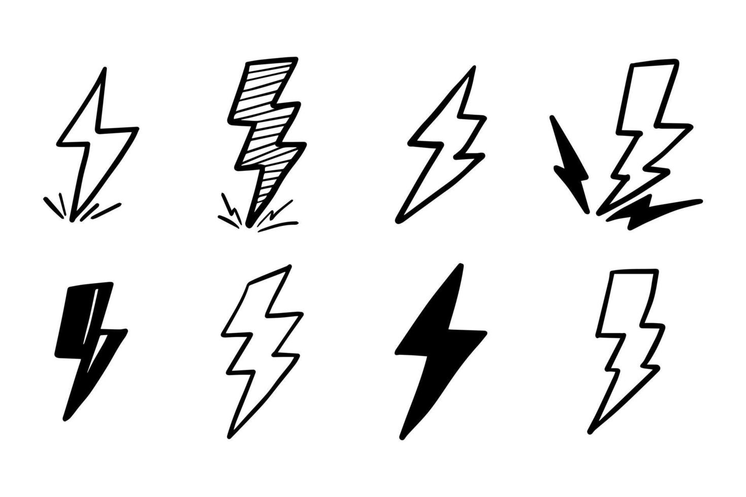 conjunto de ilustraciones de esbozo de símbolo de relámpago eléctrico de garabato vectorial dibujado a mano. trueno, ilustración vectorial vector