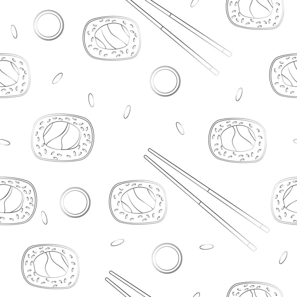 Seamless pattern with sushi roll. Asian food. Black and white pattern with sushi roll. vector