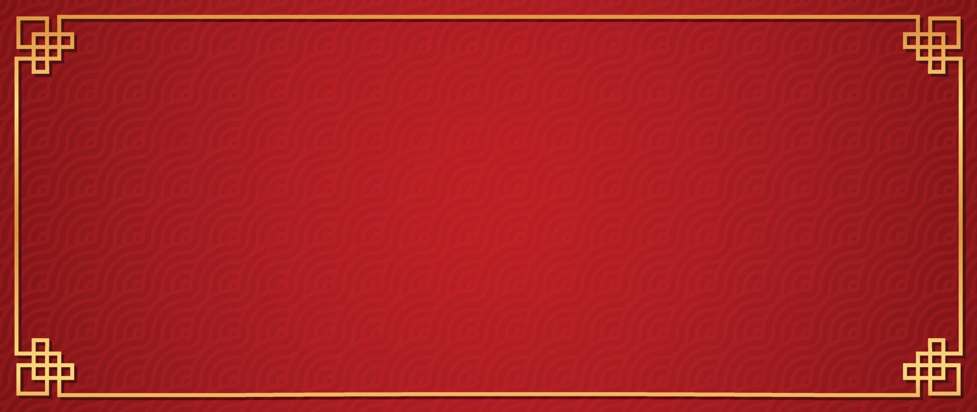 Happy Chinese New Year red background vector. Chinese and Japanese traditional pattern with geometric shapes, golden frame. Oriental style wallpaper for print, fabric, cover, banner, decoration. vector