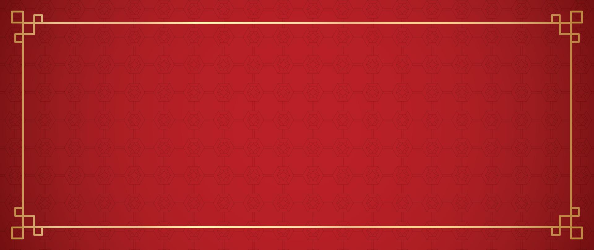 Happy Chinese New Year red background vector. Chinese and Japanese traditional pattern with geometric shapes, golden frame. Oriental style wallpaper for print, fabric, cover, banner, decoration. vector