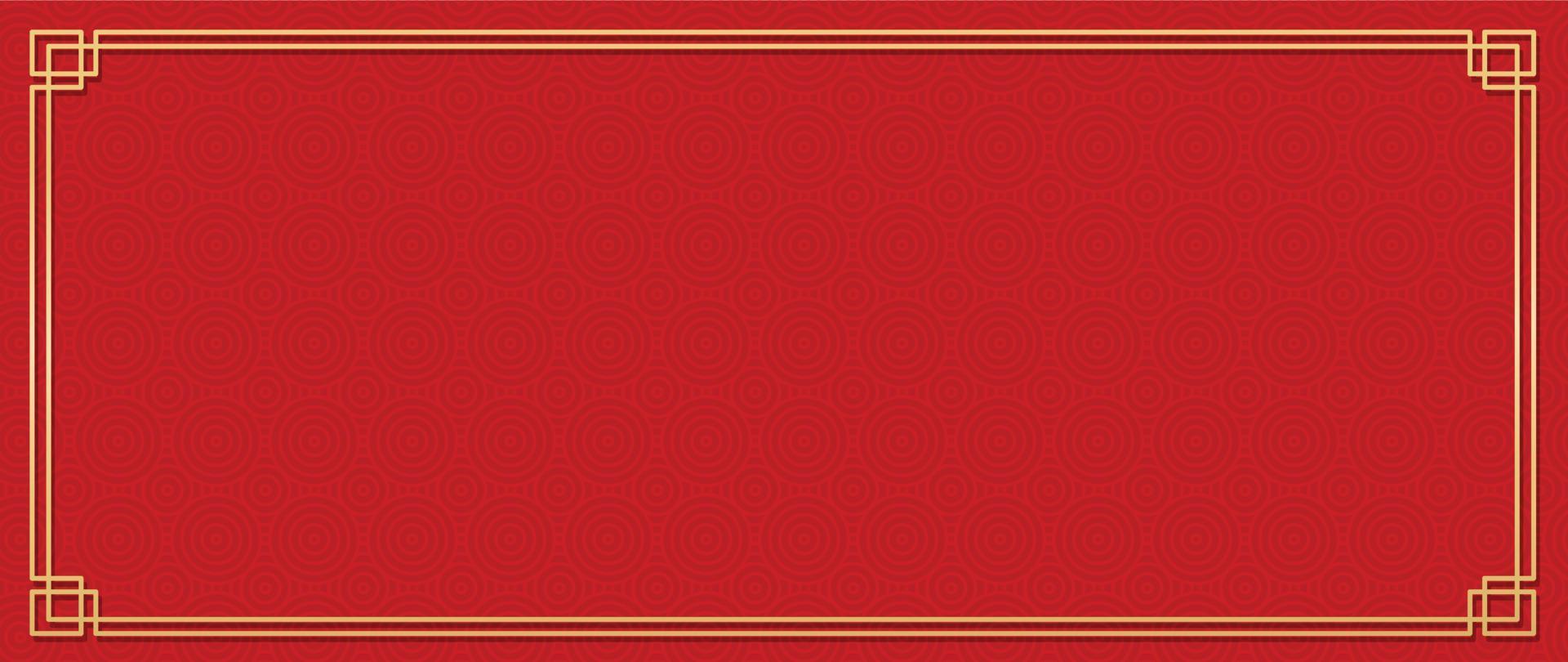 Happy Chinese New Year red background vector. Chinese and Japanese traditional pattern with geometric shapes, golden frame. Oriental style wallpaper for print, fabric, cover, banner, decoration. vector