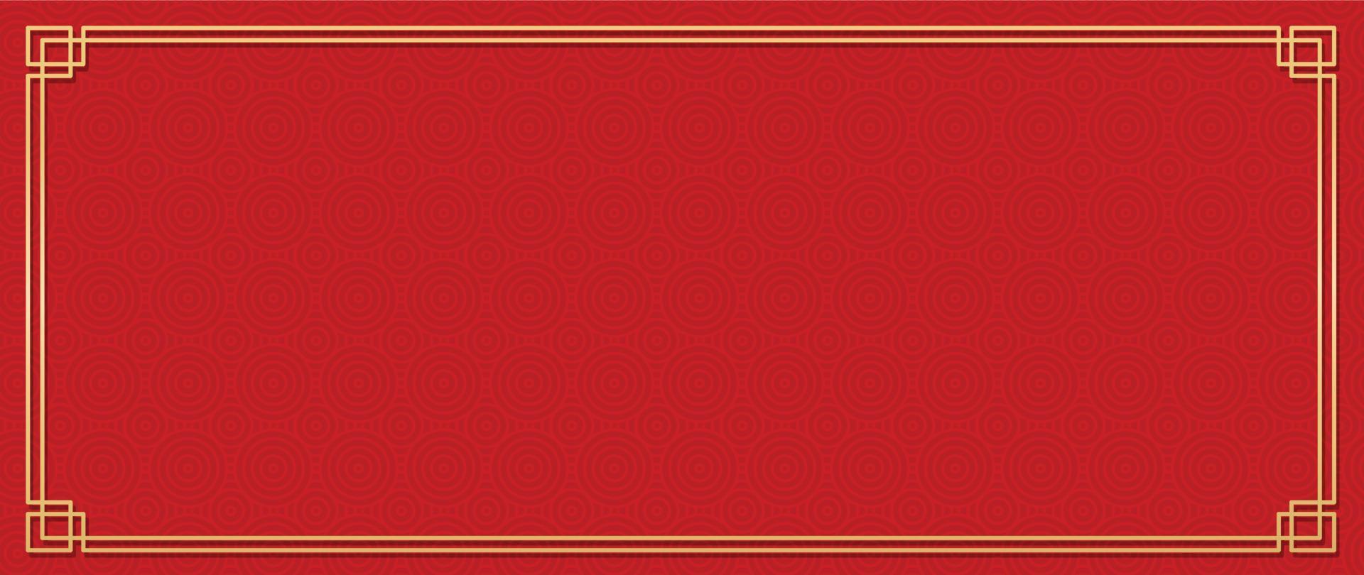 Happy Chinese New Year red background vector. Chinese and Japanese traditional pattern with geometric shapes, golden frame. Oriental style wallpaper for print, fabric, cover, banner, decoration. vector