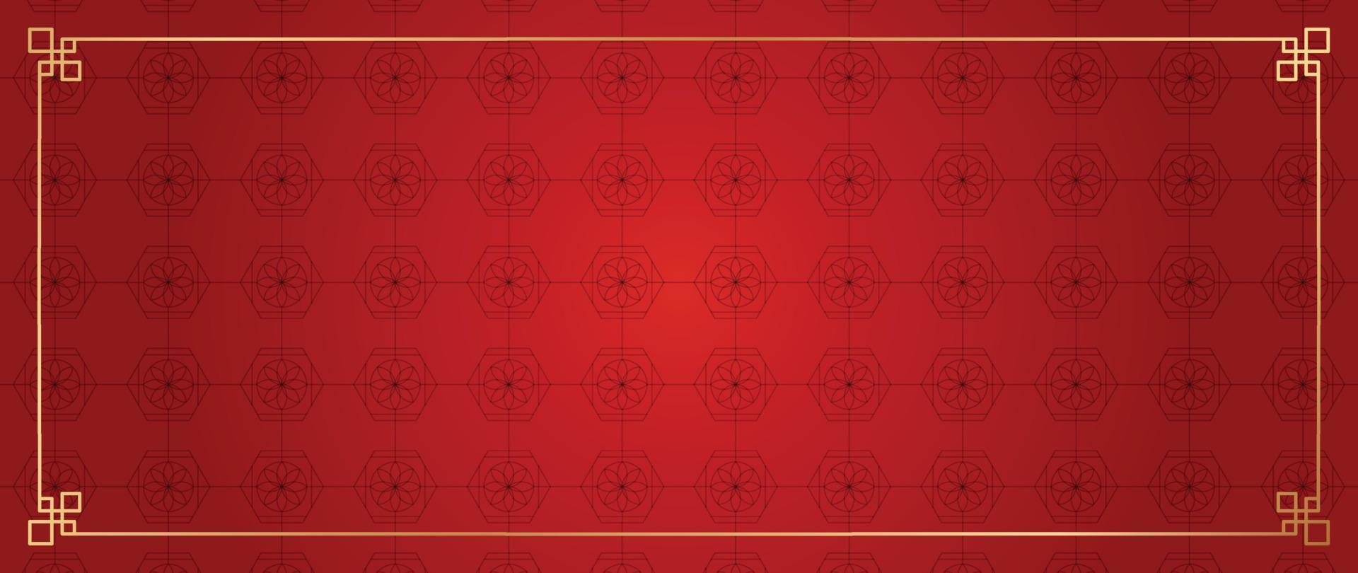 Happy Chinese New Year red background vector. Chinese and Japanese traditional pattern with geometric shapes, golden frame. Oriental style wallpaper for print, fabric, cover, banner, decoration. vector