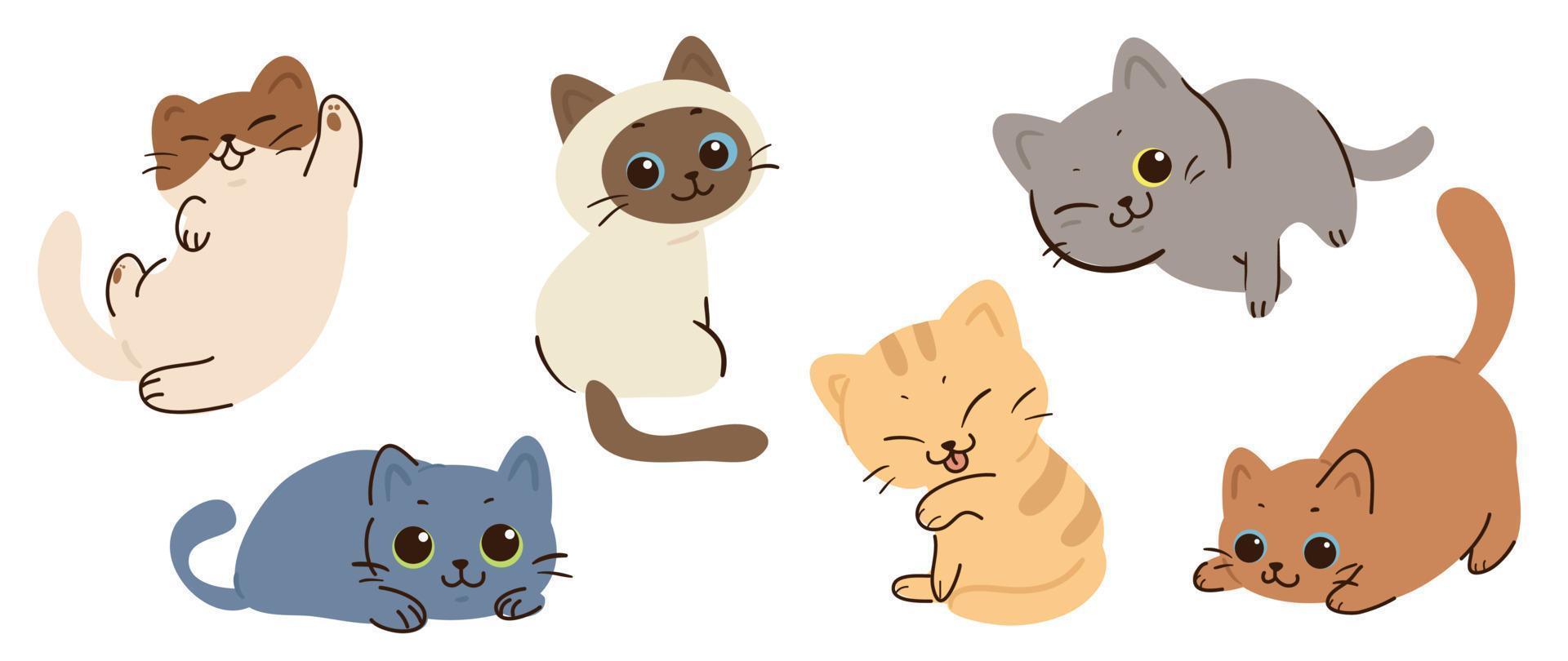 Cute and smile cat doodle vector set. Adorable cat or fluffy kitten character design collection with flat color, different poses on white background. Design illustration for sticker, comic, print.