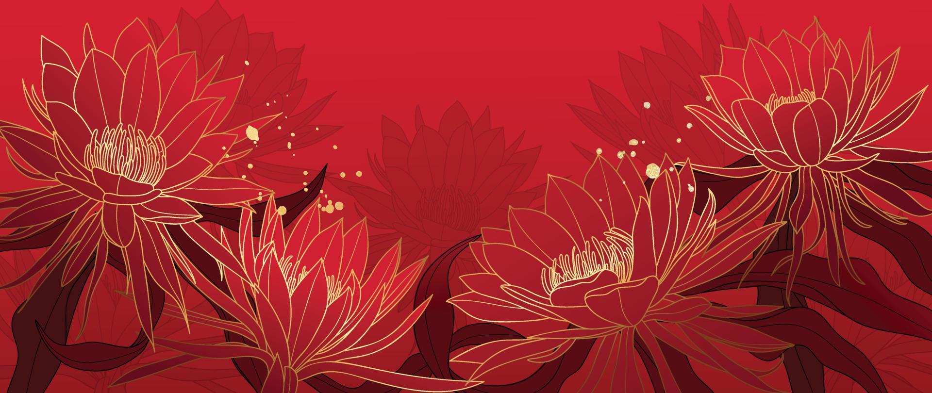 Happy Chinese new year luxury style pattern background vector. Oriental cactus flower gold line art texture on red background. Design illustration for wallpaper, card, poster, packaging, advertising. vector