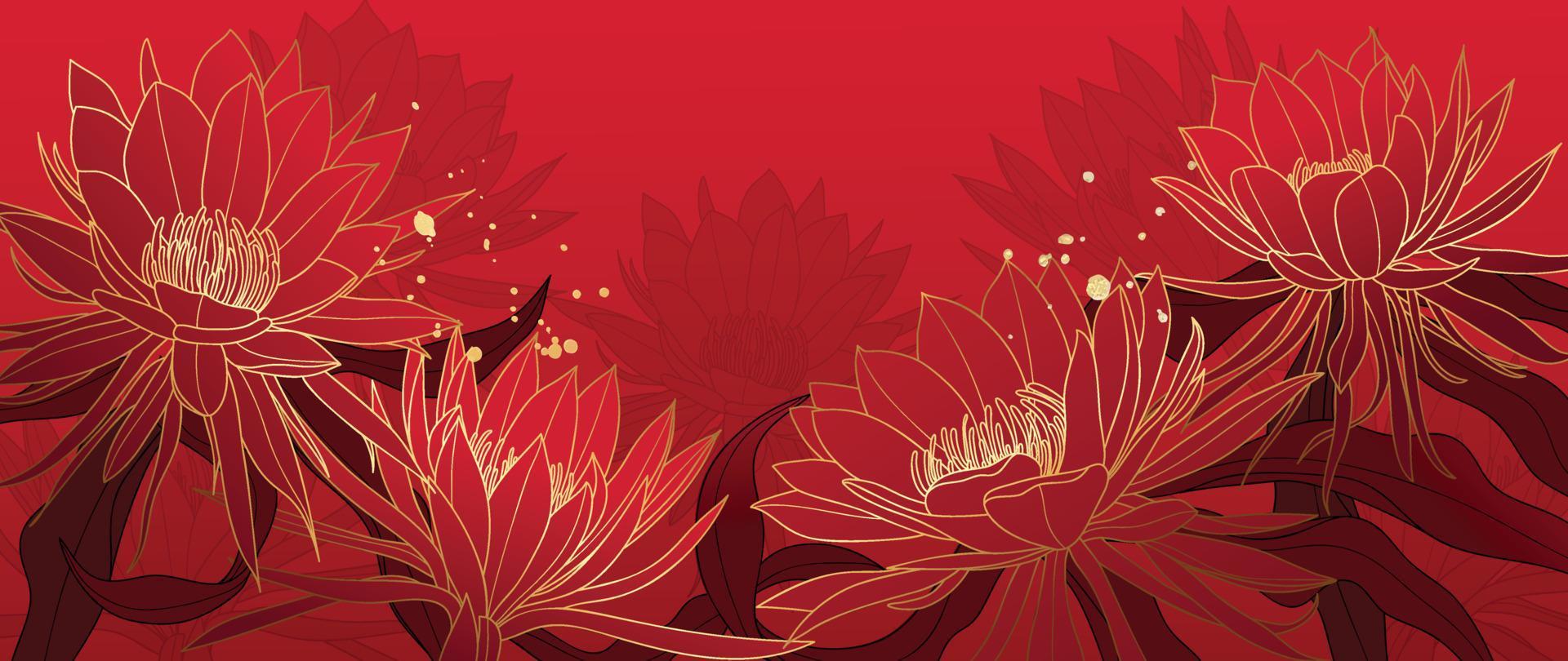 vector de fondo de patrón de estilo de lujo de feliz año nuevo chino. textura de arte de línea de oro de flor de cactus oriental sobre fondo rojo. ilustración de diseño para papel tapiz, tarjeta, afiche, empaque, publicidad.