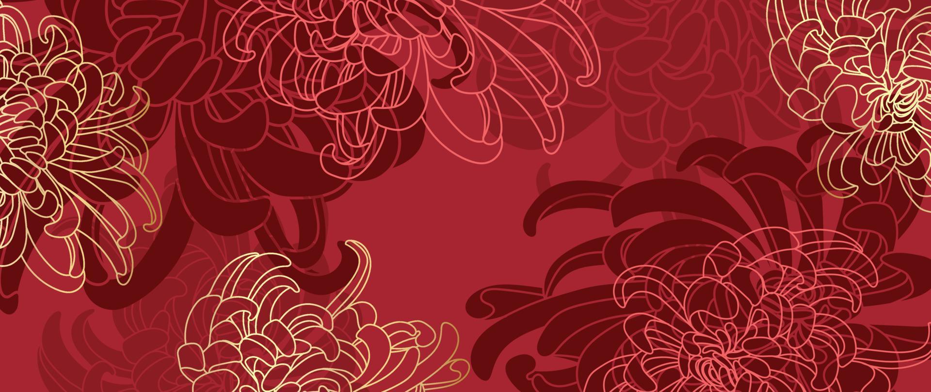 Happy Chinese new year luxury style pattern background vector. Oriental mums flower line art with gold and red color texture. Design illustration for wallpaper, card, poster, packaging, advertising. vector