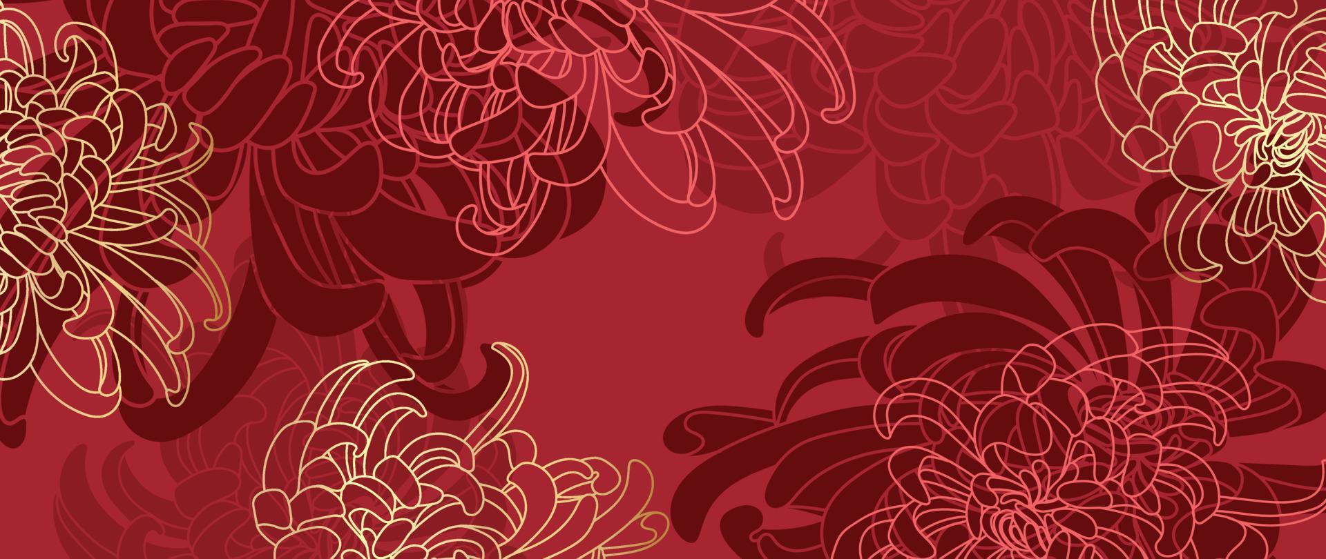 Happy Chinese new year luxury style pattern background vector. Oriental mums flower line art with gold and red color texture. Design illustration for wallpaper, card, poster, packaging, advertising. vector