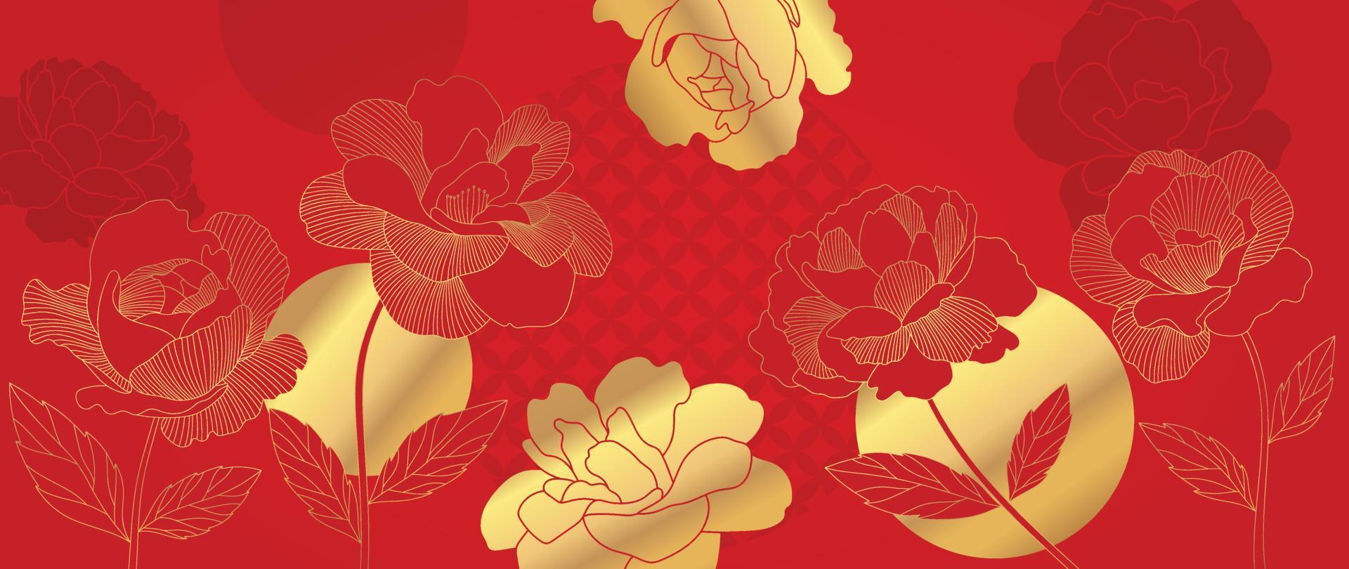 Happy Chinese new year luxury style pattern background vector. Golden rose flower line art on chinese pattern red background. Design illustration for wallpaper, card, poster, packaging, advertising. vector