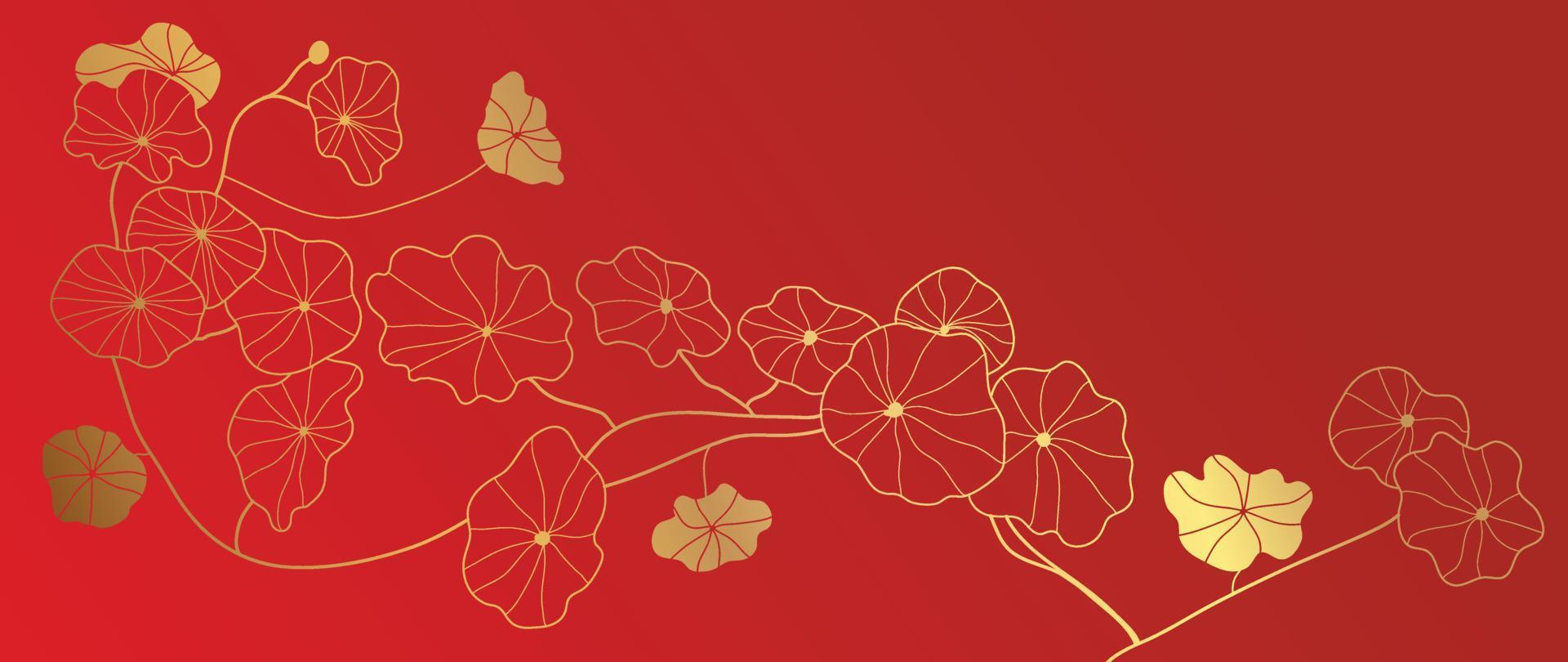 Happy Chinese new year luxury style pattern background vector. Oriental succulent flower gold line art on red background. Design illustration for wallpaper, card, poster, packaging, advertising. vector