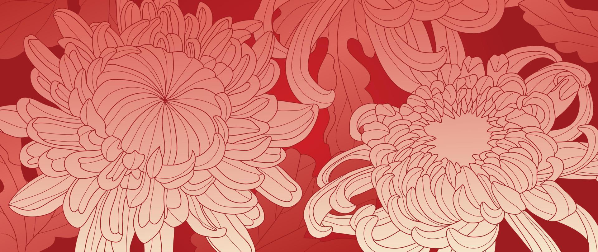 Happy Chinese new year luxury style pattern background vector. Oriental mums flower line art with gold and red color texture. Design illustration for wallpaper, card, poster, packaging, advertising. vector