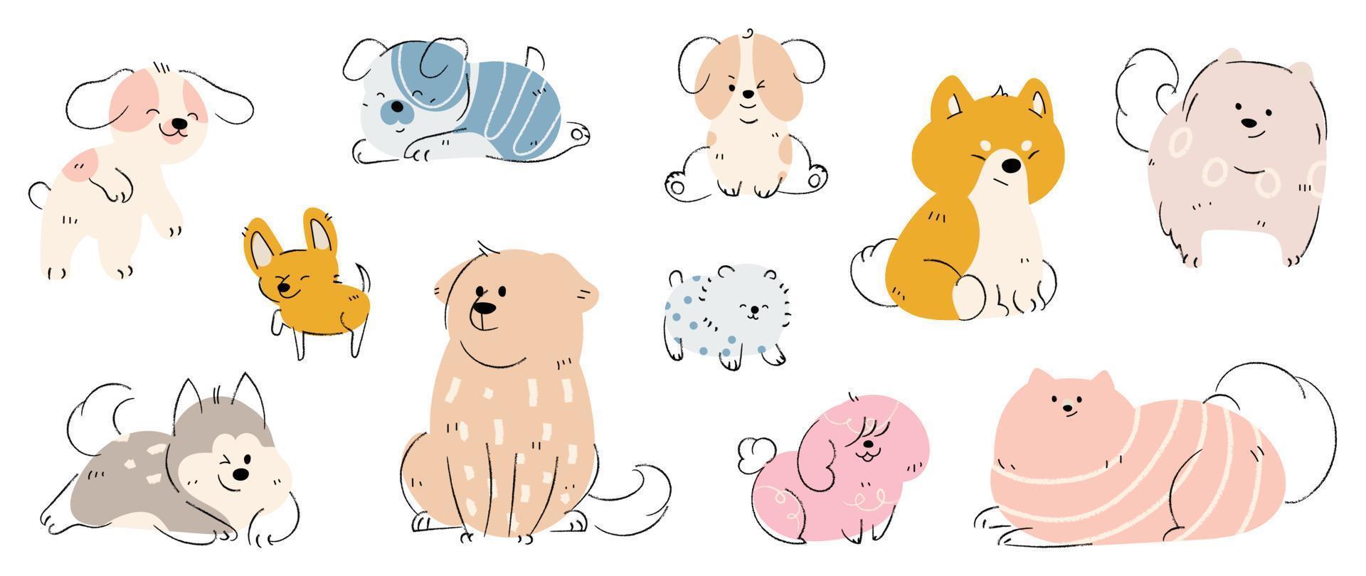 Set of cute dogs vector. Lovely dog and puppy doodle pattern in different poses, breeds, shiba, labrador, chihuahua with flat color. Adorable pet characters hand drawn collection on white background. vector