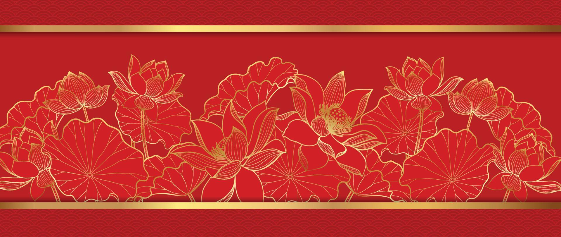 Happy Chinese new year luxury style pattern background vector. Lotus flower golden line art in gold frame on red background. Design illustration for wallpaper, card, poster, packaging, advertising. vector