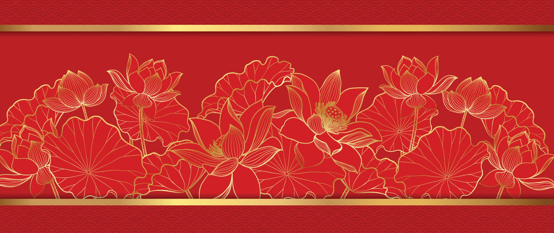 Happy Chinese new year luxury style pattern background vector. Lotus flower  golden line art in gold frame on red background. Design illustration for  wallpaper, card, poster, packaging, advertising. 16412156 Vector Art at