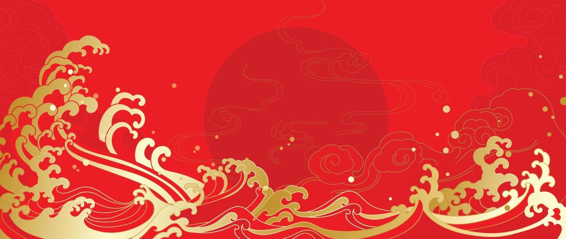 vector de fondo de patrón de estilo de lujo japonés y chino oriental. arte de línea de estilo de onda oriental de oro decorativo con fondo rojo de patrón chino. ilustración de diseño para papel tapiz, tarjeta, afiche.