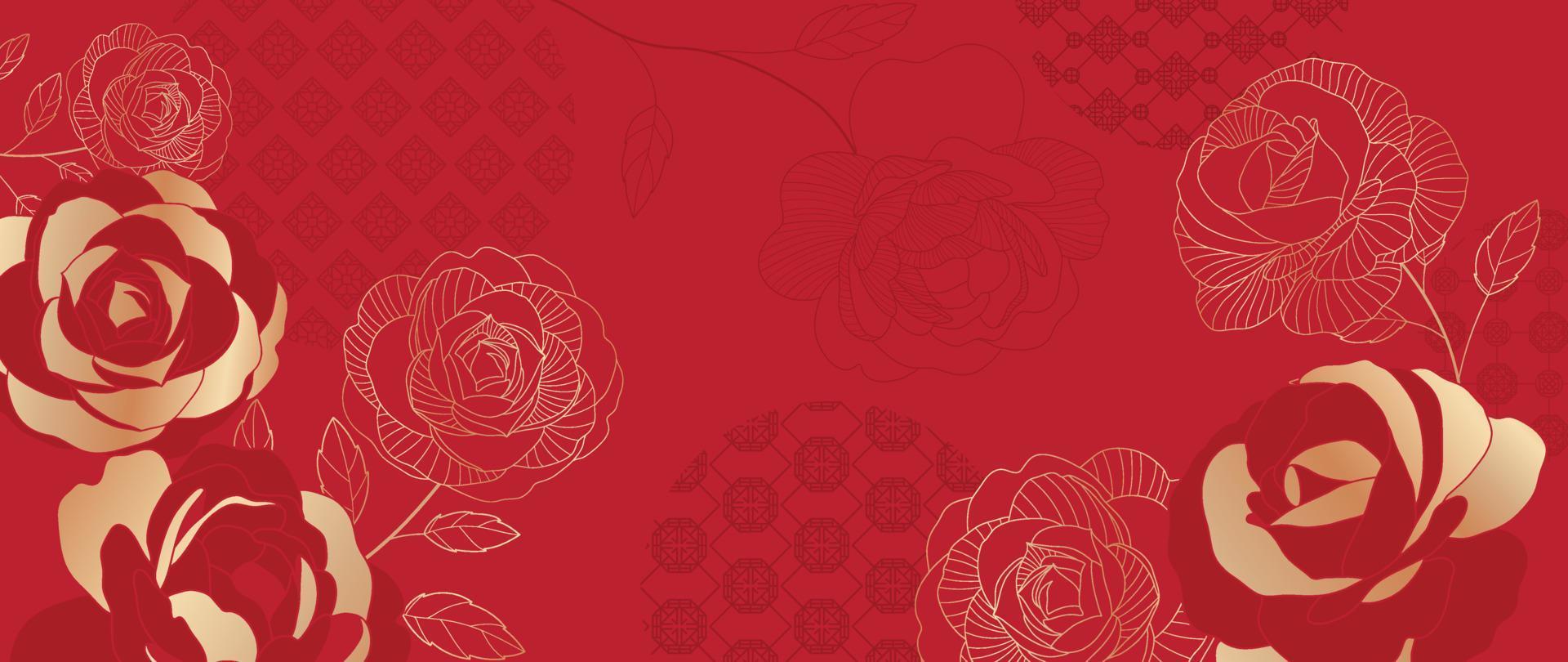 vector de fondo de patrón de estilo de lujo japonés y chino oriental. flor de rosa botánica con textura dorada sobre fondo rojo patrón chino. ilustración de diseño para papel tapiz, tarjeta, afiche.