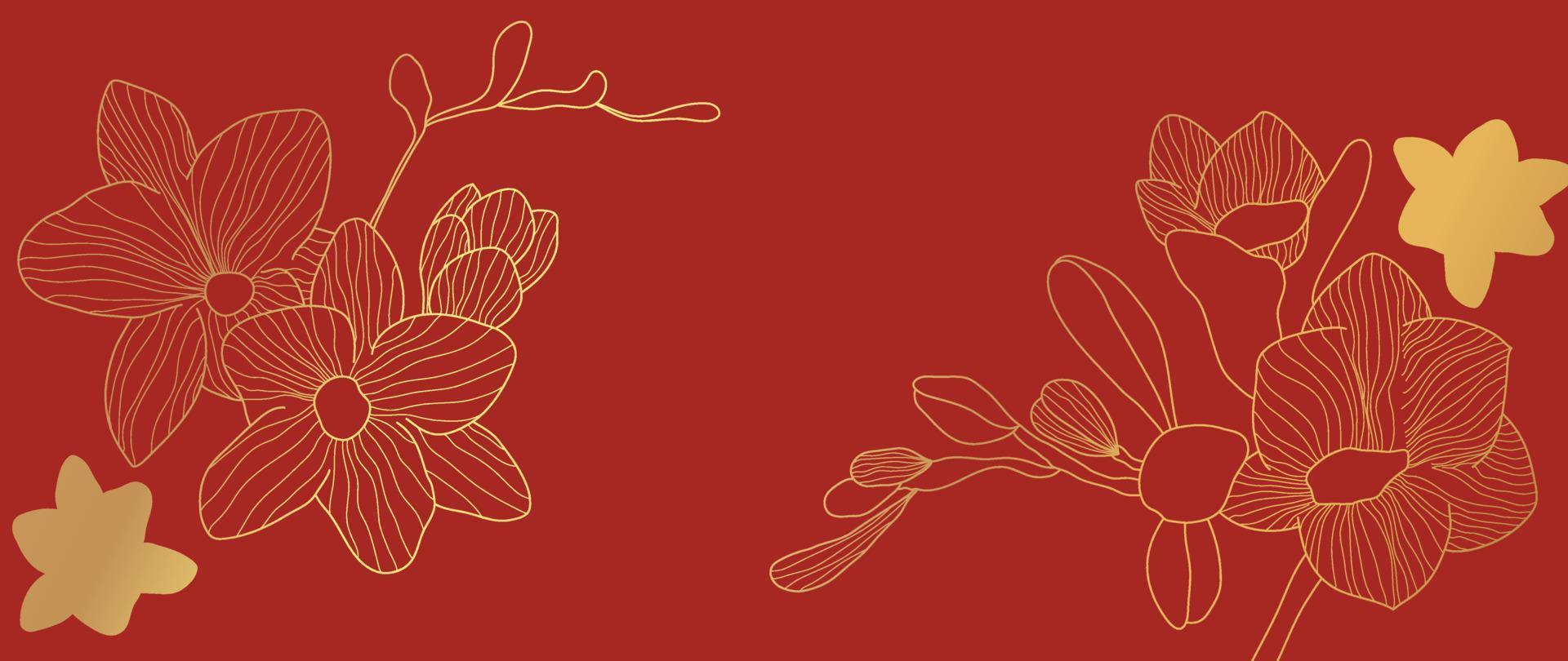 Happy Chinese new year luxury style pattern background vector. Oriental orchid flower gold line art texture on red background. Design illustration for wallpaper, card, poster, packaging, advertising. vector