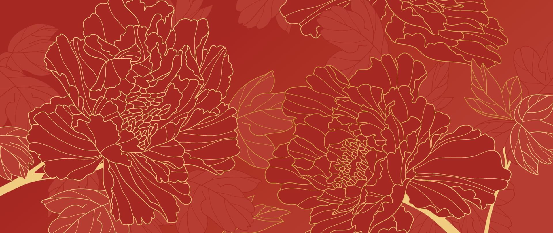 vector de fondo de patrón de estilo de lujo de feliz año nuevo chino. textura de arte de línea de oro de flor de peonía oriental sobre fondo rojo. ilustración de diseño para papel tapiz, tarjeta, afiche, empaque, publicidad.