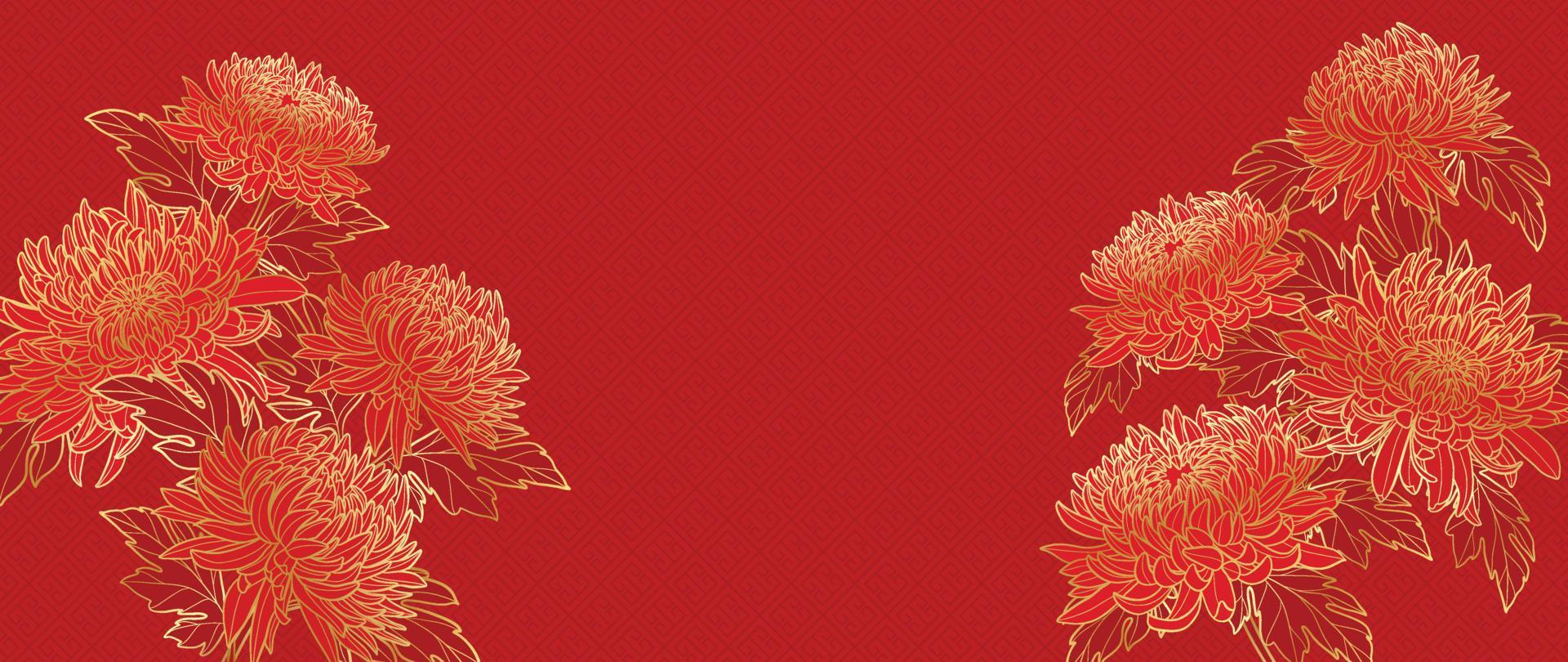 vector de fondo de patrón de estilo de lujo de feliz año nuevo chino. las mamás florecen el arte de la línea dorada sobre el fondo rojo del patrón chino. ilustración de diseño para papel tapiz, tarjeta, afiche, empaque, publicidad.