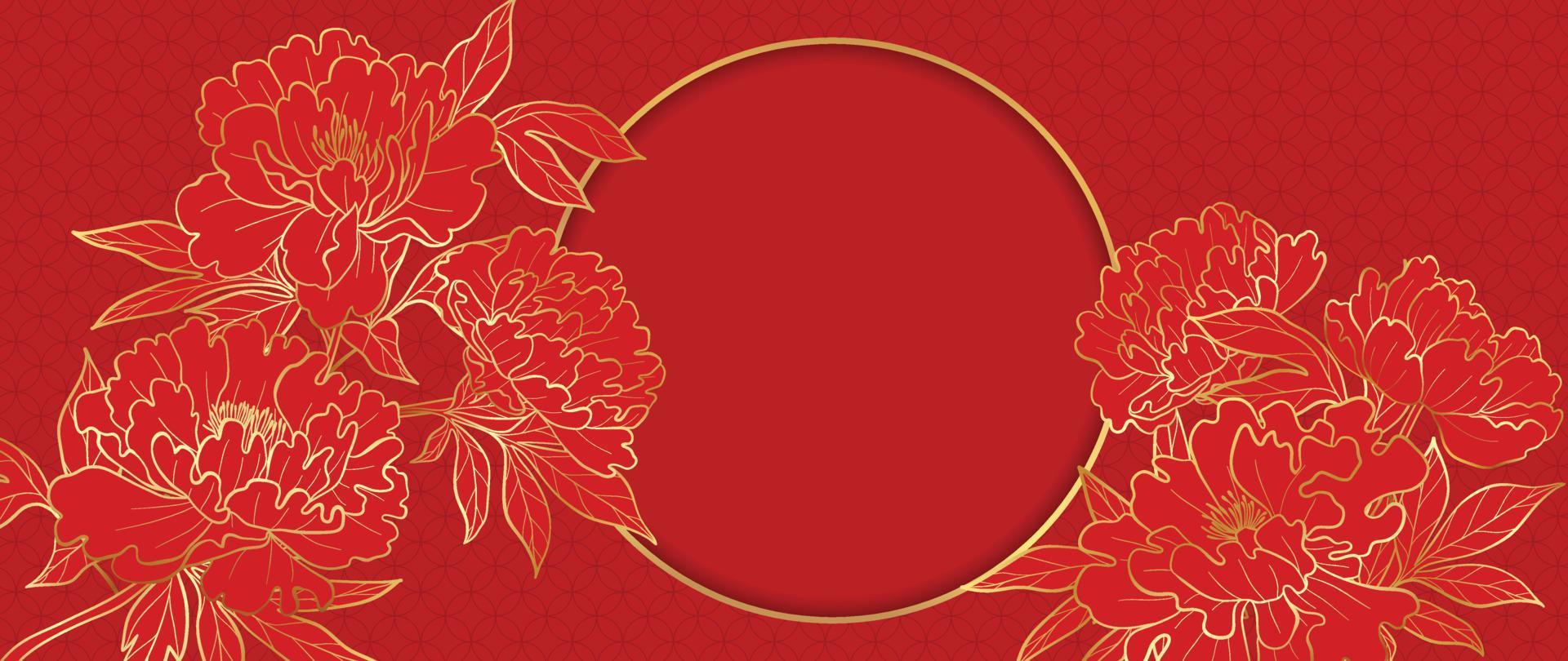 vector de fondo de patrón de estilo de lujo de feliz año nuevo chino. arte de línea dorada de flor de peonía y marco de círculo sobre fondo rojo. ilustración de diseño para papel tapiz, tarjeta, afiche, empaque, publicidad.