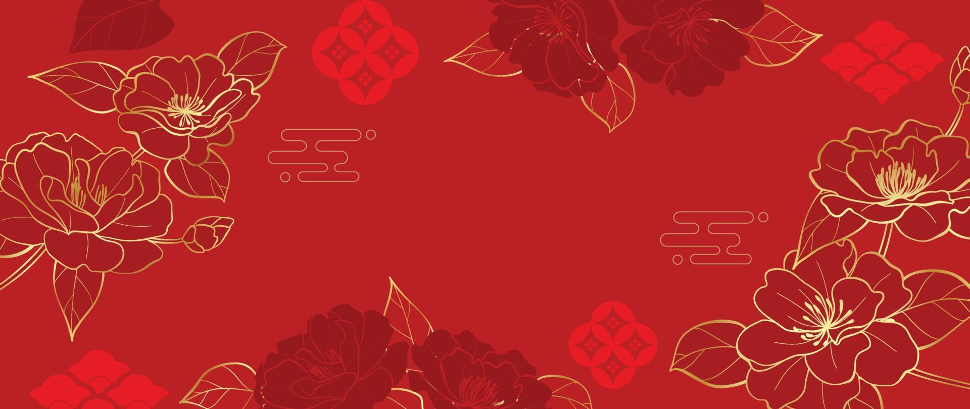 vector de fondo de patrón de estilo de lujo japonés y chino oriental. elegantes flores de cerezo doradas orientales sobre fondo rojo patrón chino. ilustración de diseño para papel tapiz, tarjeta, afiche.