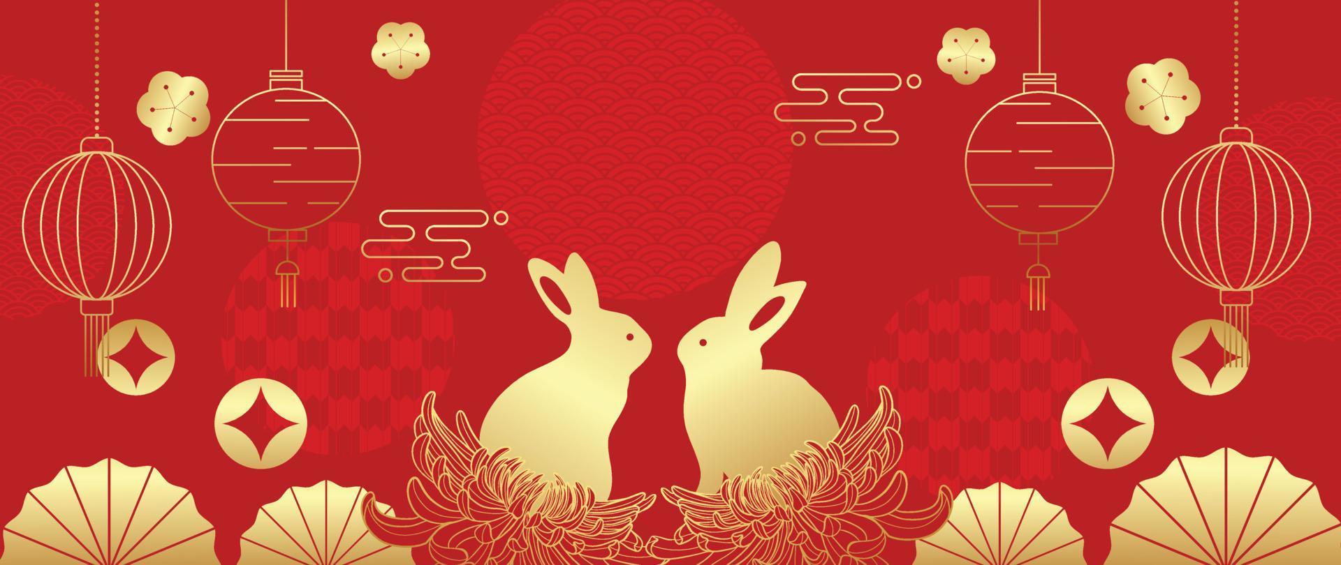 Oriental Japanese and Chinese luxury style pattern background vector. Golden rabbit, oriental lantern, flowers on chinese pattern red background. Design illustration for wallpaper, card, poster. vector