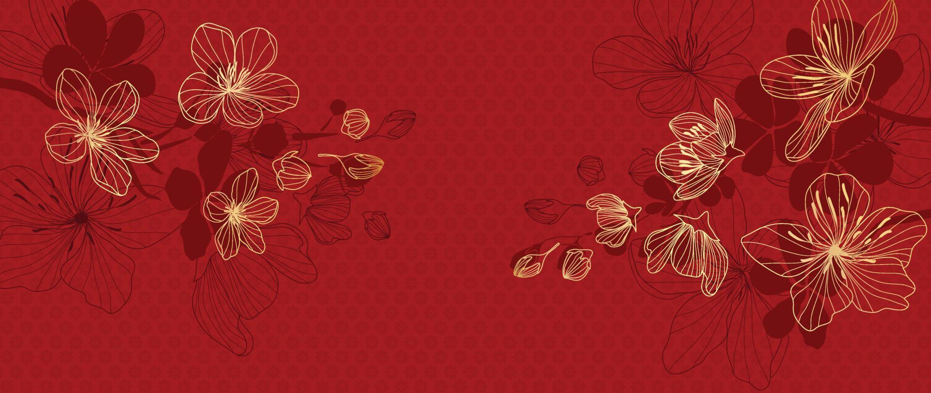 Happy Chinese new year luxury style pattern background vector. Oriental sakura flower gold line art texture on red background. Design illustration for wallpaper, card, poster, packaging, advertising. vector