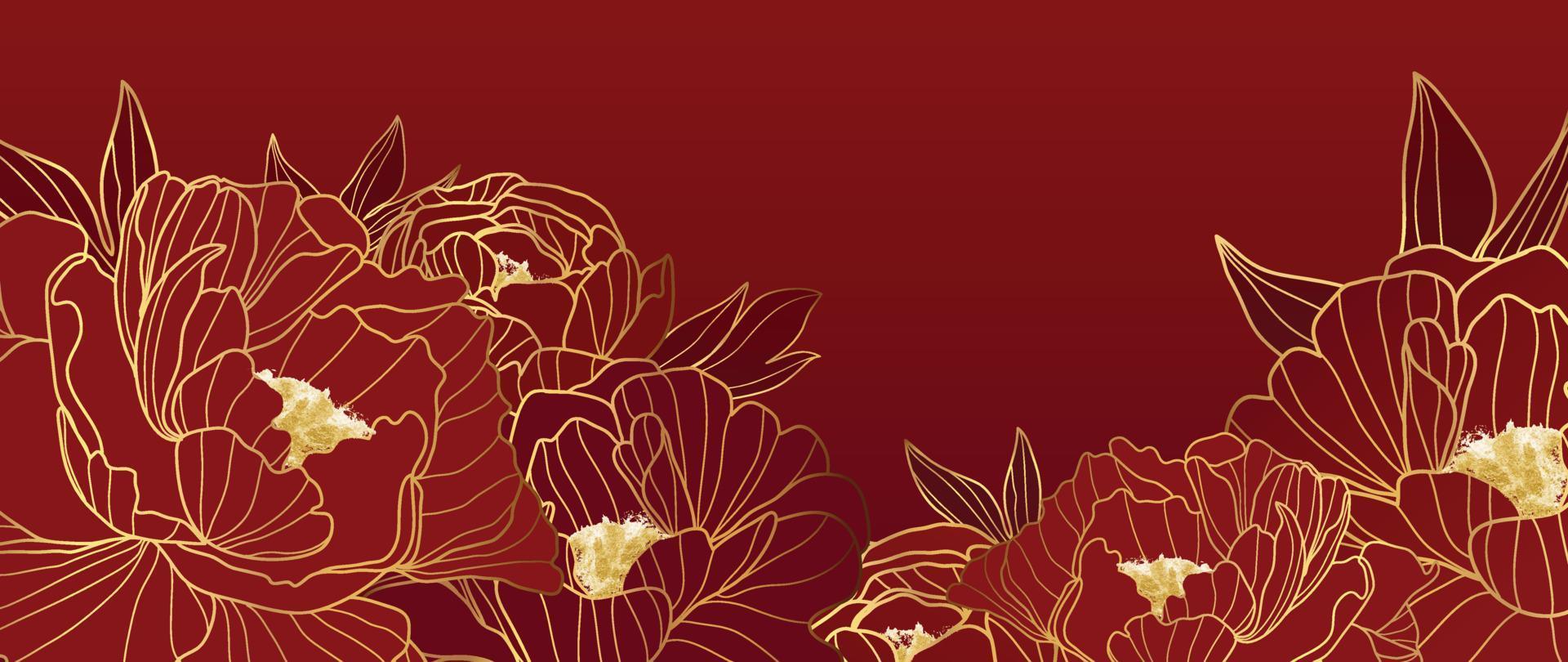 vector de fondo de patrón de estilo de lujo de feliz año nuevo chino. textura de arte de línea de oro de flor de peonía oriental sobre fondo rojo. ilustración de diseño para papel tapiz, tarjeta, afiche, empaque, publicidad.