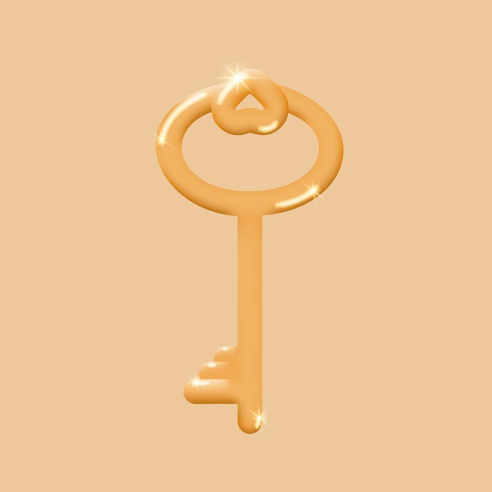 Golden shiny key 3d on a beige background. The concept of protection and security. Keyhole key. Vector illustration.