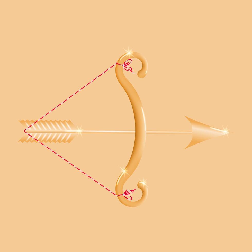 arco dorado con una flecha sobre un fondo beige. lindo signo del zodiaco sagitario. símbolo romántico del día de san valentín. concepto de tiro con arco. ilustración vectorial vector