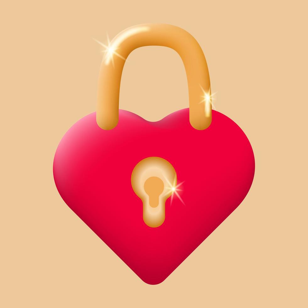 3D padlock in the shape of a red heart on a beige background. Closed lock. Romantic symbol of love. Love concept for Valentines Day. Vector illustration.