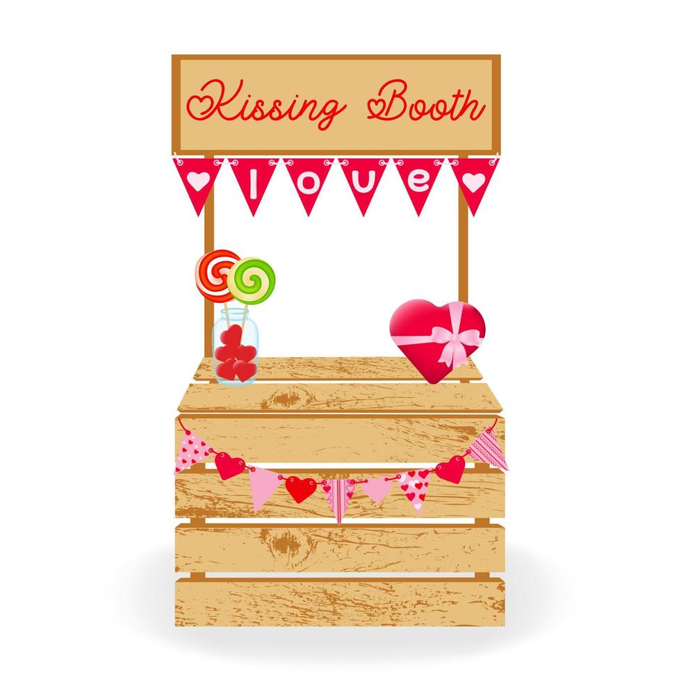 Kissing booth. Cute concept for Valentine's Day, wedding or birthday. Carnival kissing booth with flags. Vector illustration.