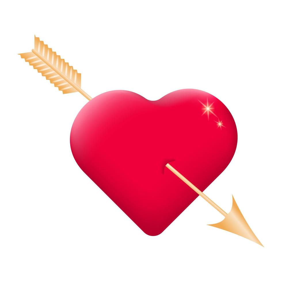 3d red heart pierced by Cupid's golden arrow. Love symbol concept. Heart with an arrow on a white background. Vector illustration.