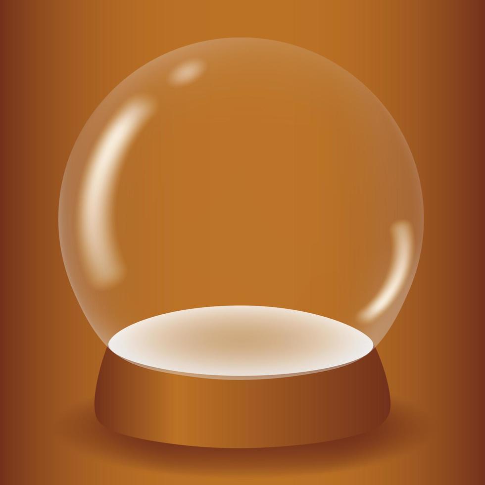 Empty transparent snow globe 3D on a golden background. White podium under a glass dome for product promotion. Design element for various holidays and advertising. Vector illustration.
