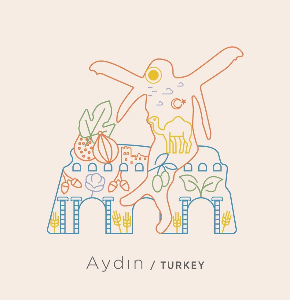 Icon series exclusive to Turkey - collage in Aydin castle. A collage on Aydin-specific Efe barley, olive, historical belt, cotton, fig, camel and similar lines. vector