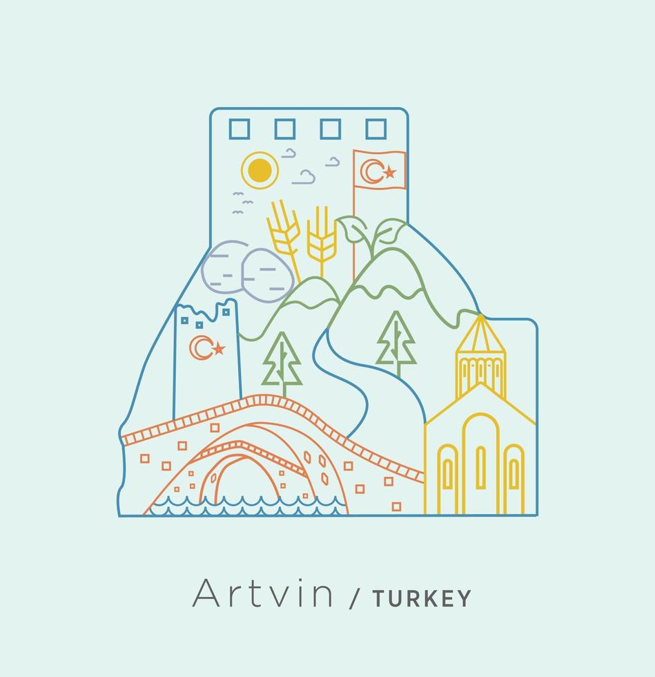 Icon series specific to Turkey - College in Artvin castle. A collage on double bridge, church, castle, wheat, castle, mountain, potato, stream, and similar lines unique to Artvin. vector