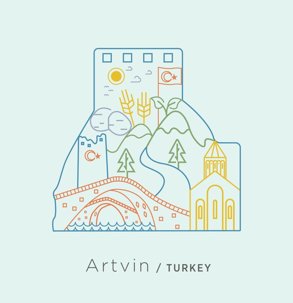 Serie de íconos específicos de Turquía: universidad en el castillo de Artvin. un collage sobre puente doble, iglesia, castillo, trigo, castillo, montaña, patata, arroyo y líneas similares exclusivas de artvin. vector