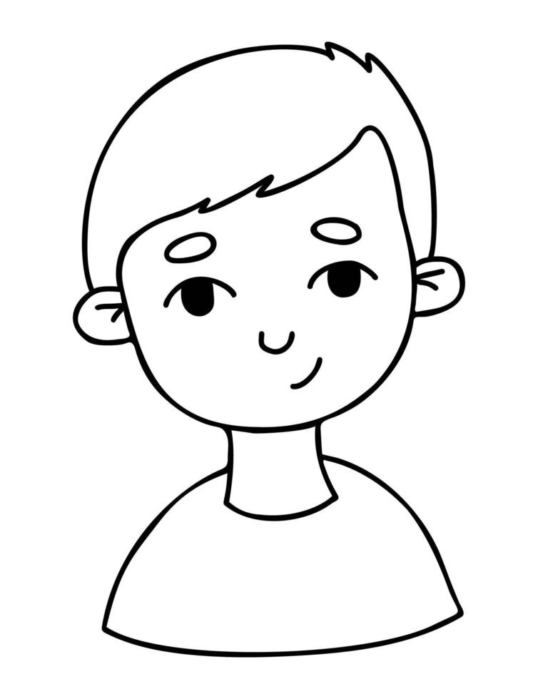 Cute happy boy. Doodle portrait of smiling child. Vector linear hand