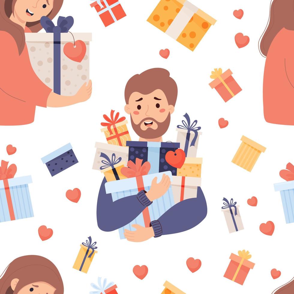 patrón impecable con hombre y mujer felices con regalos sobre fondo blanco con cajas de regalo y corazones. ilustración vectorial para diseño de vacaciones, embalaje, papel pintado, textiles y san valentín. vector