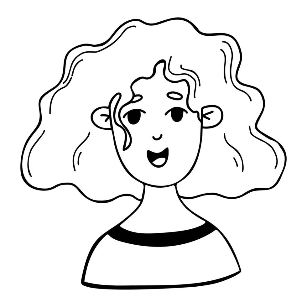 Cute joyful curly girl. Woman portrait in cartoon doodle style. Vector linear hand drawing.