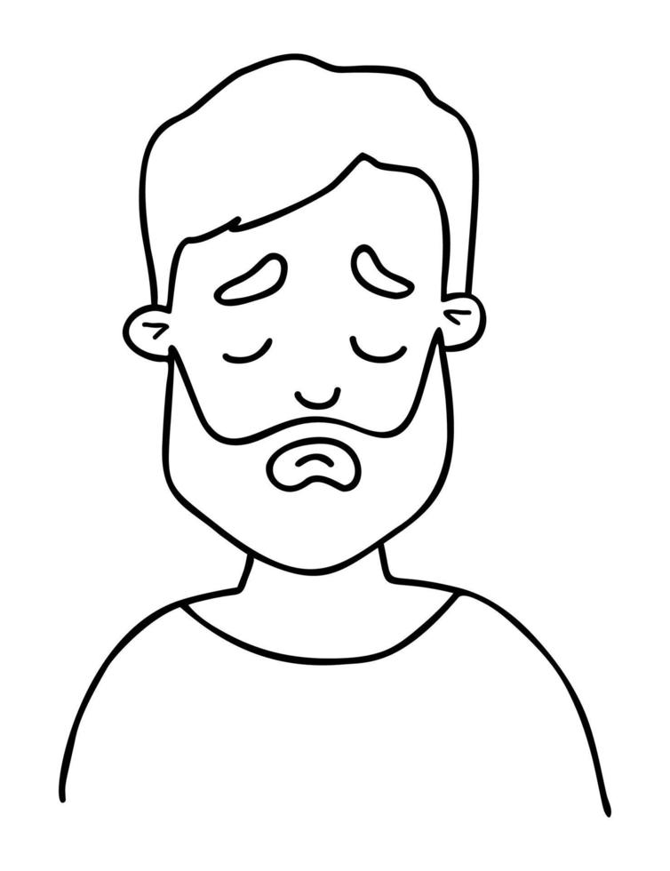 Male face. Portrait of sad bearded man. Vector Outline drawing. Avatar face for design, decor, social media.