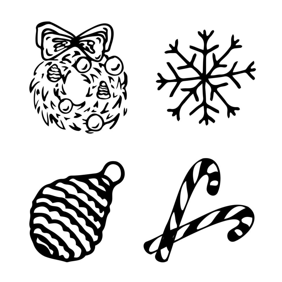 conjunto de elementos navideños. corona de navidad, juguete de árbol, caramelo, copo de nieve. ilustración vectorial vector